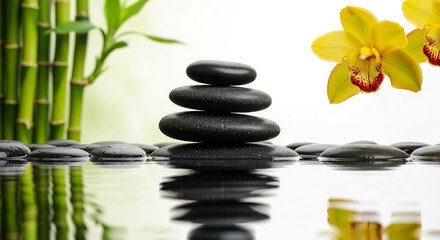 Obraz premium Stack of smooth black stone on water with reflection, bamboo and yellow orchid, symbolizing calmness, balance, and meditation practice