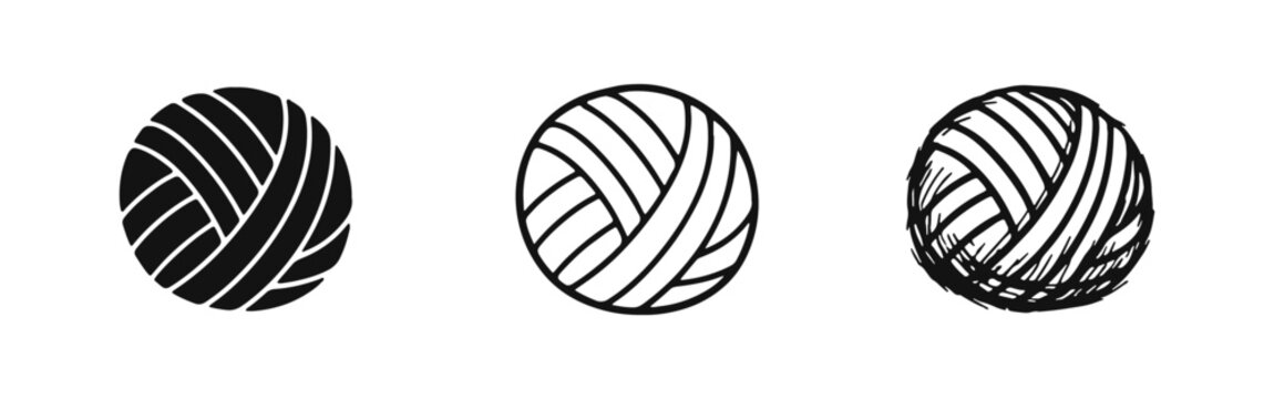 Three stylized yarn ball icons set. Simple black and white vector illustrations of knitting and crafting supplies in various styles.
