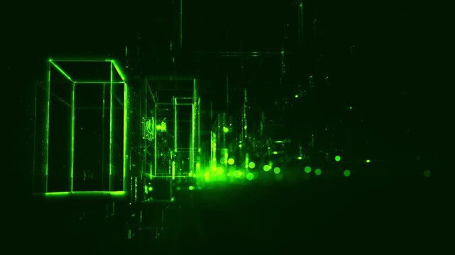 Futuristic neon cube in dark cyber space &ndash; glowing grenn wireframe structure with energy particles and bokeh lights &ndash; abstract tech visualization, technology, science, data, progress, architecture
