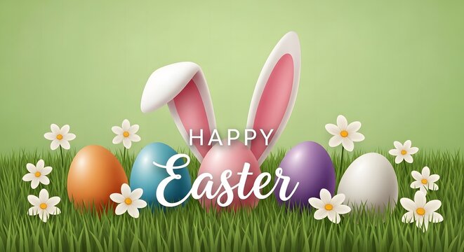 Easter sunday celebration with colorful eggs and bunny ears on green grass