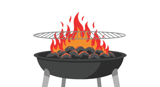 A black charcoal barbecue grill with four legs displays a vibrant fiery blaze of red and orange flames from charcoal briquettes, with a silver grill grate above, on a white background.