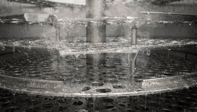 Closeup on wet distillation column trays showing moisture accumulation and vapor interactions within trays and downcomers during shutdown.