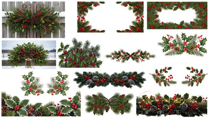 Festive holly and berry border design for elegant Christmas greeting cards, invitations, seasonal banners, and winter decorations with watercolor greenery. © prarthana