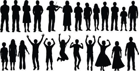 Black silhouettes of diverse people standing, jumping, and playing violin, group of men, women, and children characters isolated