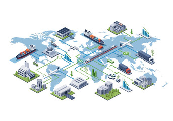 Global logistics network illustration depicting transport hubs and shipping routes across continents