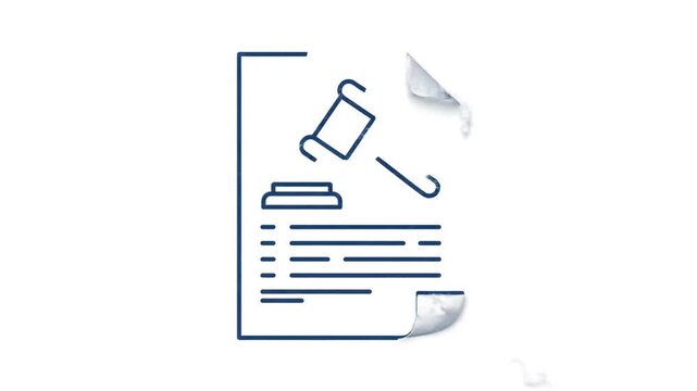 A document icon with a gavel and papers, symbolizing law and justice, viewed from a straightforward angle