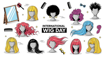 Playful Vector Illustration of Colorful Wigs on Mannequins and People with Stylish Hair for International Wig Day