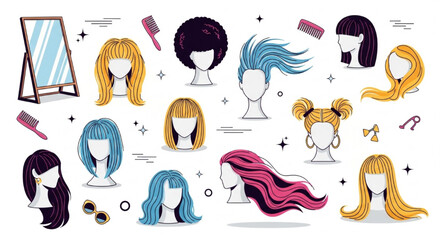 Playful Vector Illustration of Colorful Wigs on Mannequins and People with Stylish Hair for International Wig Day