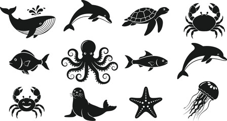 Marine Animal Silhouette Set with Whale, Dolphin, Turtle, Octopus, Crab and Jellyfish, Ocean Wildlife Black Vector Collection © Sanjida