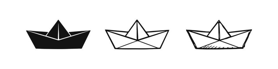 Paper boat icon set. Folded paper toy symbols in solid, line, and doodle styles. © drawing lines