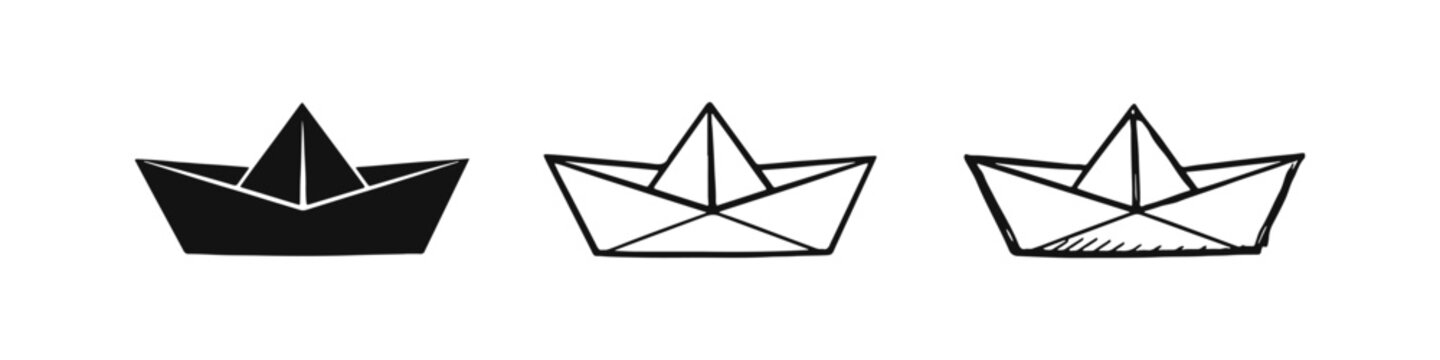 Paper boat icon set. Folded paper toy symbols in solid, line, and doodle styles.