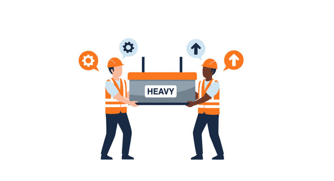 Construction workers carrying heavy box together for team lifting