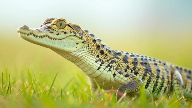 Baby-Krokodil im hellen Fr&uuml;hlingsgras