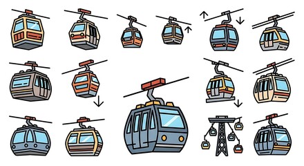 Collection of Cable Car Illustrations for Transportation and Tourism.