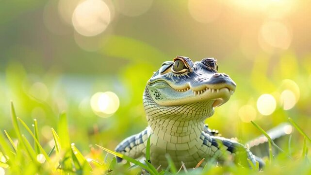 Baby-Krokodil im hellen Fr&uuml;hlingsgras