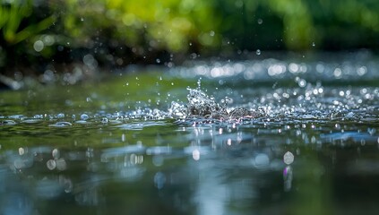 Fototapeta premium Water droplet creating ripple and splash on the pond surface. Capturing the motion and the clarity of water.