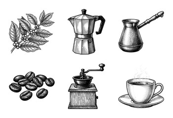Vintage coffee brewing collection featuring hand drawn engraving style illustrations of beans branch moka pot grinder cezve and cup
