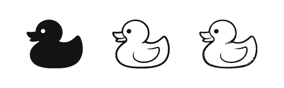 Rubber duck icon set in three styles: solid, outline, and hand-drawn doodle, on a white background.