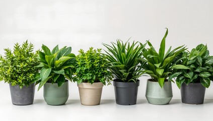 Fototapeta premium A row of various potted plants, showcasing a diversity of greenery and textures
