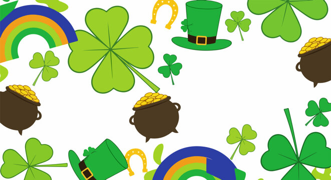 St Patrick's Day Festive Frame with Rainbow, Pot of Gold, and Shamrocks