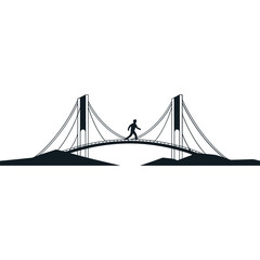 Fototapeta premium A silhouetted figure walks across a suspension bridge with tall towers