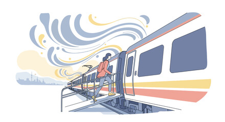 Woman Entering Train with Stylish Hair Flow. © Derry