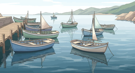 Sailboats anchored in calm waters near shore. © Derry