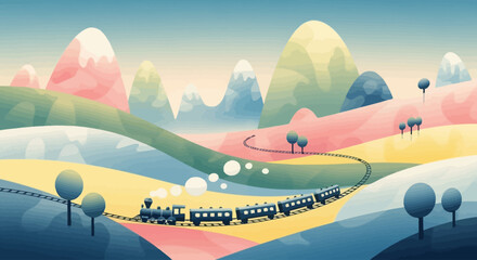 Vintage Train Traveling Through Rolling Hills Landscape. © Derry