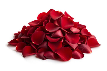 Naklejka premium Large Pile of Vibrant Dark Red Rose Petals Isolated on a Clean Reflective White Background Surface