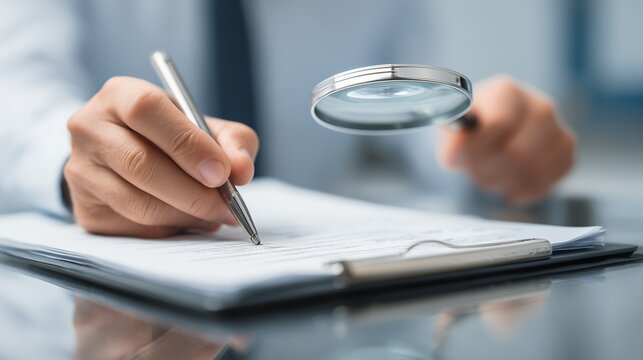 Hand holding magnifier and pen reviewing document on clipboard representing compliance management audit and regulatory review.