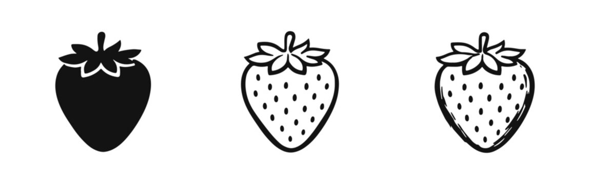 Strawberry icon set in three styles: solid, outline, and hand-drawn doodle, isolated on a white background.