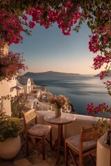 Fototapeta premium Mediterranean balcony with whitewashed walls and blooming bougainvillea overlooks the sea, table set with two wine glasses. Romantic coastal view at golden hour, peaceful and sunlit.