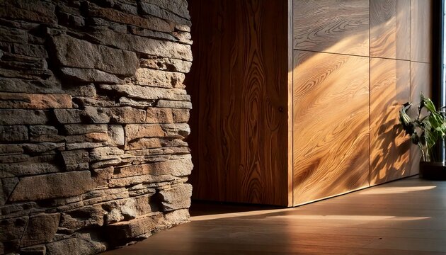 generative AI, architectural editorial photography detail shot, luxury interior corner with natural stone wall, refined and sophisticated atmosphere, magazine style