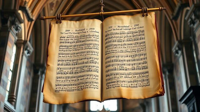 gregorian. Ancient Gregorian chant manuscript hanging in a church with aged parchment. event programs, museum guides, designed for cultural heritage projects and event programs.