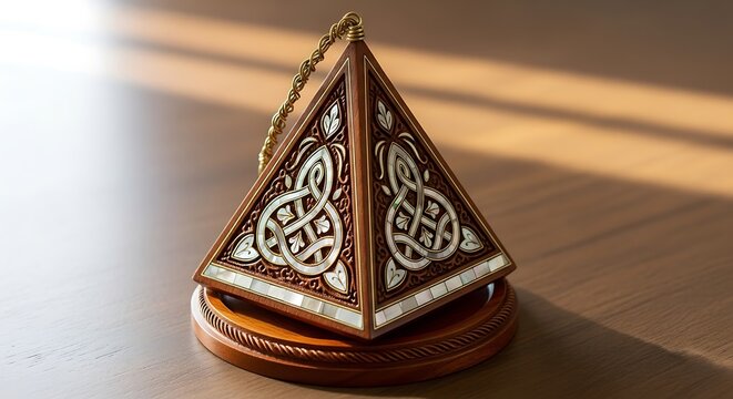 Ornate wooden pyramid shaped container featuring knotwork inlay rests on a matching circular base.