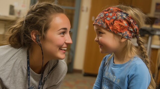 Therapist engaging a young child in playful speech therapy during early intervention, showing warm eye contact and responsive interaction.