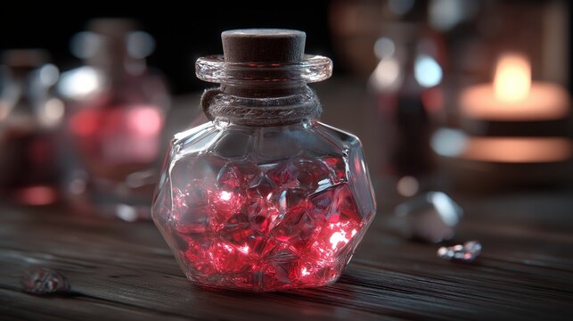 Magical potion sparkling inside faceted bottle. Pink liquid sparking within a glass potion bottle with a cork stopper and twine