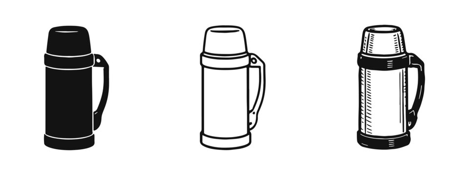 Thermos Bottle Icon Set. Vector illustration of Vacuum Flask in Solid, Outline, and Hand-Drawn Styles on White Background.