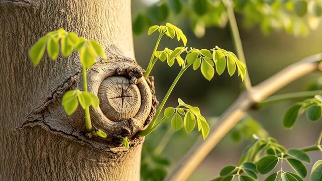 A serene close-up shot captures the exquisite detail of a tree trunk, showcasing a remarkable burst of new life. Fresh, vibrant green leaves sprout delicately from the textured bark, emerging from a d