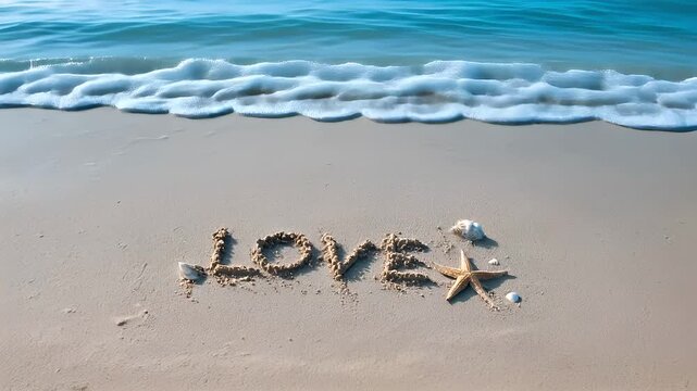 Romantic love theme for Valentines Day. A beach with the word love written in the sand, surrounded by starfish and seashells. The sun casts a golden hue on the sand and the sea.