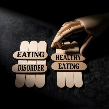 A conceptual visual representing the significant choice between the challenges of disordered eating and embracing a path towards healthy nutritional habits and overall well-being
