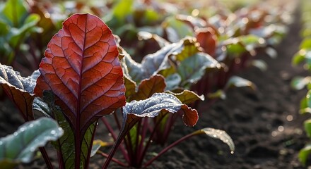 Crimson Beet Leaf in Sunlight - A Vibrant Garden Detail.