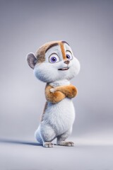 Fototapeta premium Adorable cartoon lemur with fluffy white fur and curious purple eyes, standing with arms crossed.