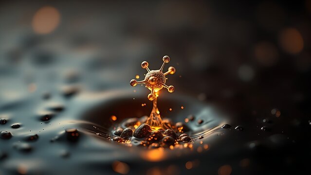 submicroscopic. A single, complex, glowing molecule emerges from a dark, primordial aqueous solution, symbolizing the spark of life. STEM education sheets.