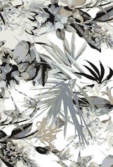 Obraz premium botanic seamless pattern with exotic flowers and leaves, hand drawn background. floral pattern. Tile with tropical leaf