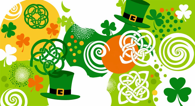 St Patricks Day Abstract Design with Celtic Knots Shamrocks and Hats