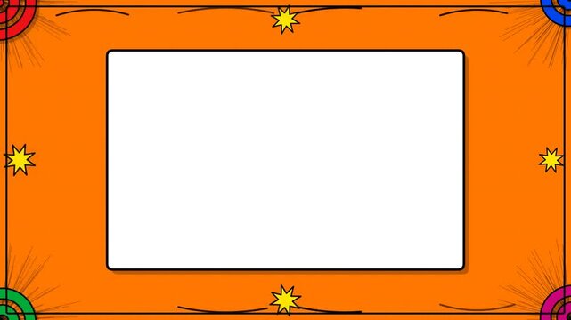 A bright orange frame with colorful decorative circles and stars, perfect for artistic presentations