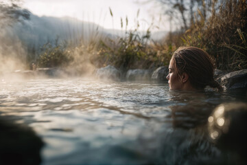 Fototapeta premium Woman Relaxing in Tranquil Natural Hot Springs at Dawn for Serene Wellness