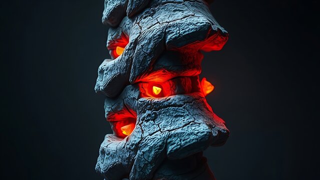 foremost. A sculptural representation of a human spine made of cracked stone with five points of intense pressure glowing warmly. wellbeing guides.
