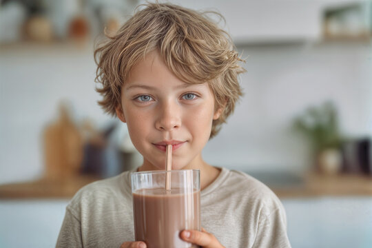 Chocolate Kid Smiling While Drinking Chocolate Milk at Home in Relaxed